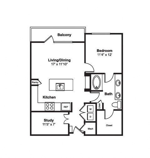Floor plan for 1 bed, 1 bath, 880 sqft